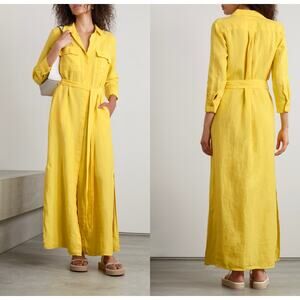 L’AGENCE Cameron Belted Linen Maxi Shirt Dress Yellow Pocket Slit Womens Size XS